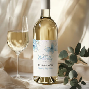 Boho Butterfly Wildflower Floral Blue Baby Shower Wine Label