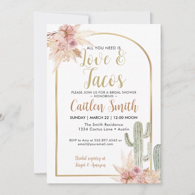 Boho Cactus Amour et Tacos Invitation Fête des mar (Devant)
