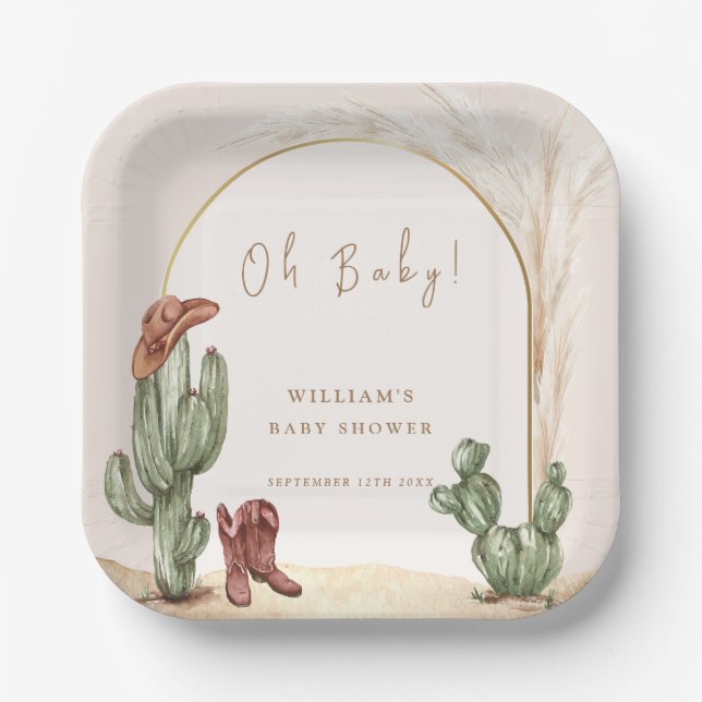 Boho Cactus Arch Desert Cowboy Baby Shower  Paper Plate (Front)