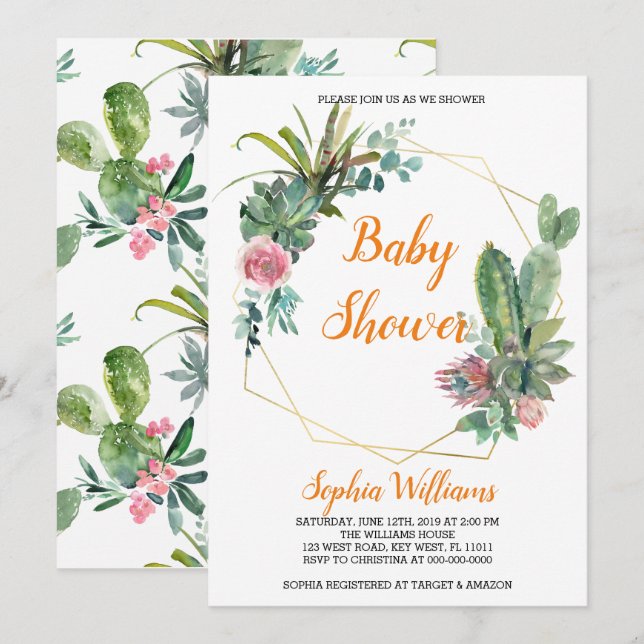 Boho Cactus Baby Shower Invitation (Front/Back)
