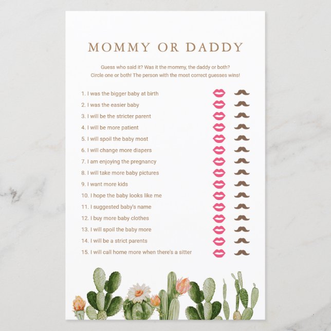 Boho Cactus Baby Shower Mommy or Daddy Game  (Front)