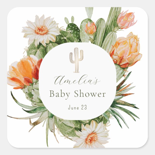 Boho Cactus Baby Shower Square Sticker (Front)