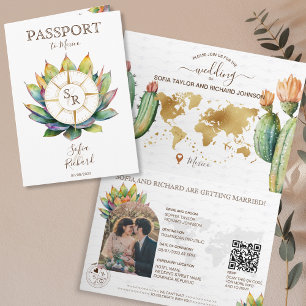Boho Cactus Destination Wedding Passport QR Code Invitation