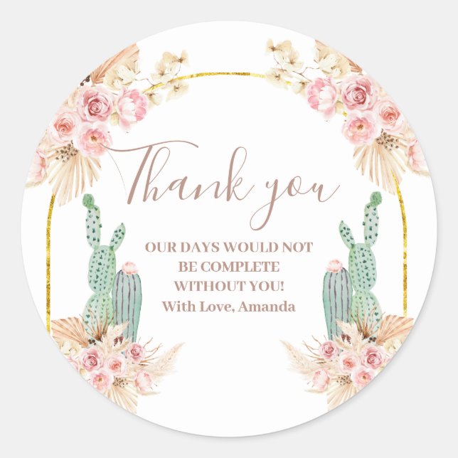 Boho Cactus Floral Bridal Shower Thank You Sticker (Front)