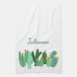 Boho Cactus Painting in Green Personalized Name Kitchen Towel