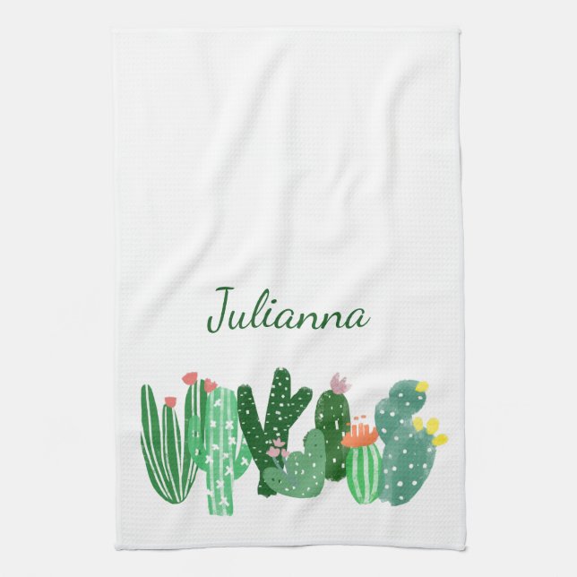 Boho Cactus Painting in Green Personalized Name Kitchen Towel (Vertical)