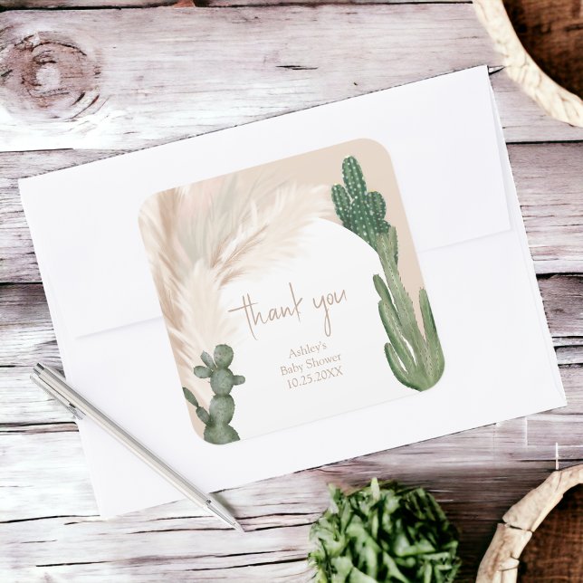 Boho cactus pampas arch desert baby shower  square sticker (Boho cactus pampas arch desert baby shower favor bag)