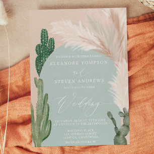 Boho cactus pampas arch green earth tone wedding invitation