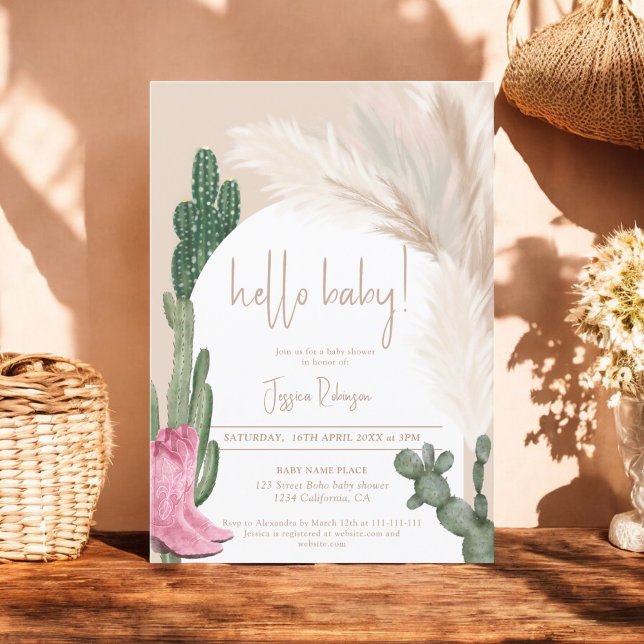 Boho cactus pampas arch hello baby shower invitation (Boho cactus pampas arch hello baby shower invitation)