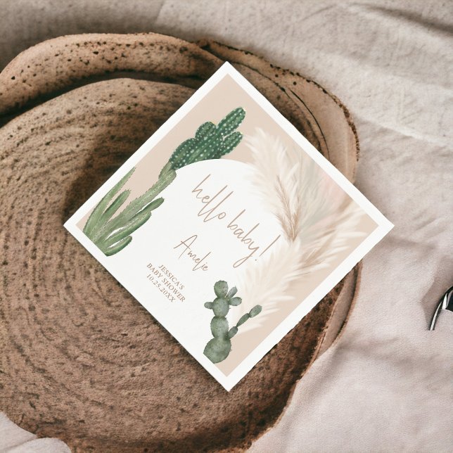 Boho cactus pampas arch hello baby shower napkin (Boho cactus pampas arch hello baby shower napkins)
