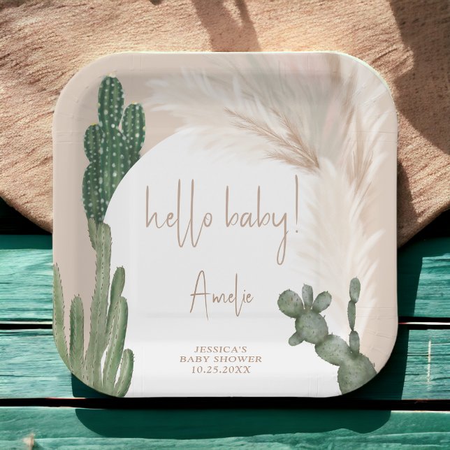 Boho cactus pampas arch hello baby shower paper plate (Boho cactus pampas arch hello baby shower paper plates)