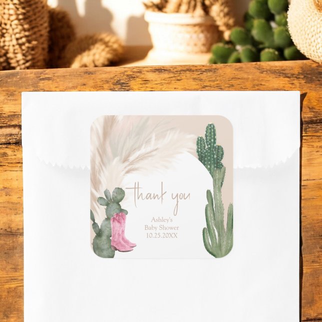 Boho cactus pampas boots desert baby shower  square sticker (Boho cactus pampas boots desert baby shower square sticker)