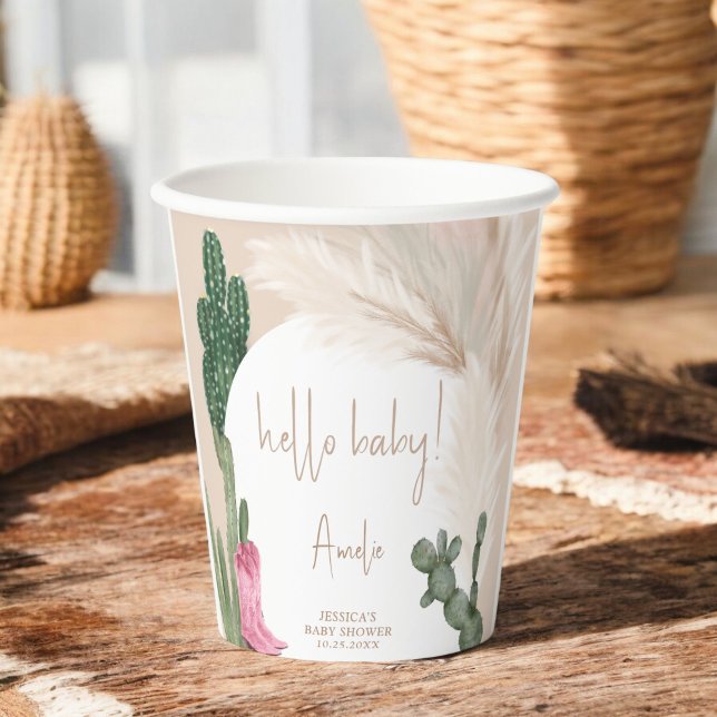 Boho cactus pampas boots hello baby shower paper cups (Boho cactus pampas boots hello baby shower paper cups)