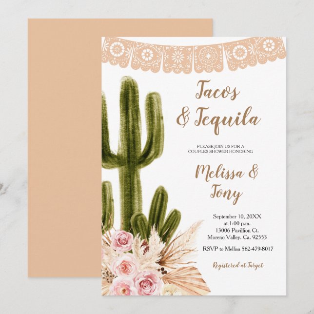 Boho Cactus Pampas Grass Couples Douche Invitation (Devant / Derrière)