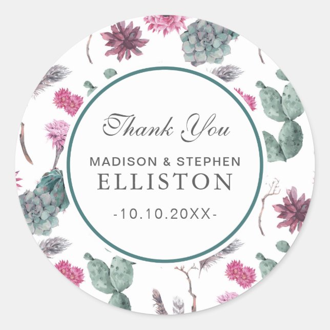 Boho Cactus, Succulent & Floral | Thank You Classic Round Sticker (Front)