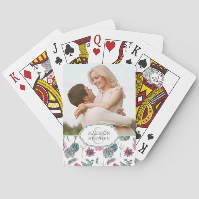 Boho Cactus, Succulent & Floral - Wedding Photo Playing Cards (Back)