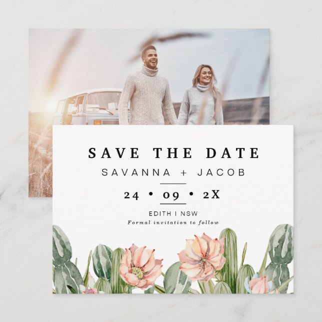 Boho Cactus Succulents Wedding Save The Date Card (Front/Back)