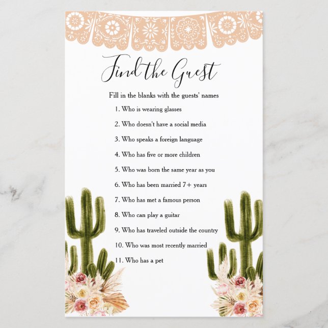 Boho Cactus Taco 'bout Love Find the Guest game (Front)