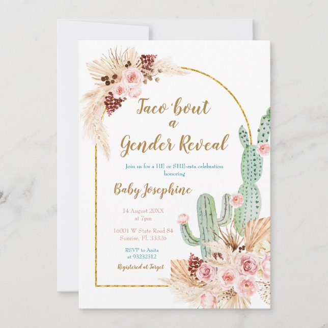 Boho Cactus Taco bout love Gender Reveal  Invitation (Front)