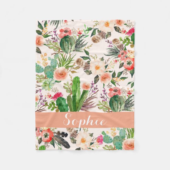 Boho cactus watercolor customized blanket (Front)