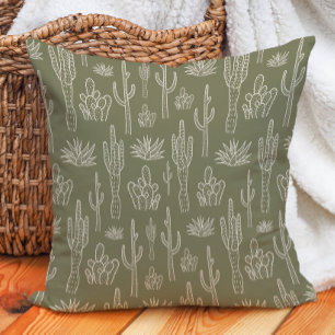 Boho Cactus Western Southern Neutral Moss Green Throw Pillow