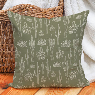 Boho Cactus Western Southern Neutral Moss Green Throw Pillow