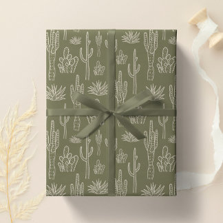 Boho Cactus Western Southern Neutral Moss Green Wrapping Paper