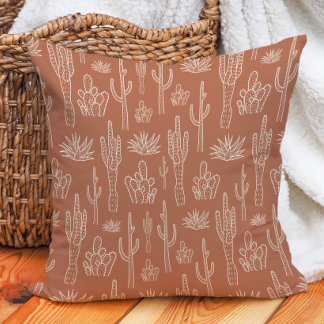 Boho Cactus Western Southern Warm Neutral Clay Throw Pillow