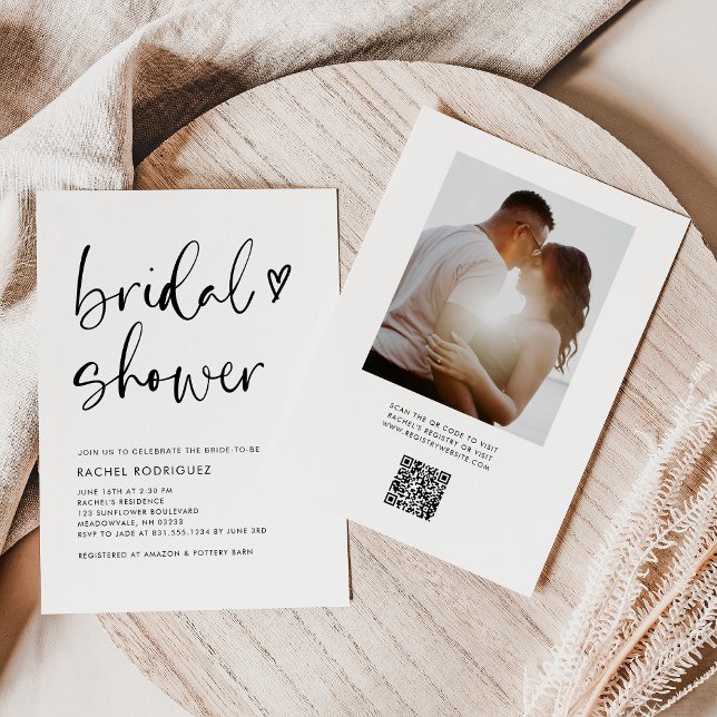 Boho Calligraphy Black QR Code Bridal Shower  Invitation (Creator Uploaded)