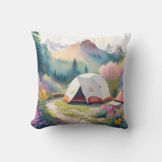 Boho Camp Site-Camping Watercolor Summer Throw Pillow