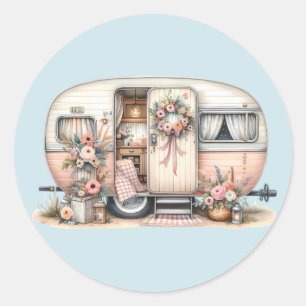 Boho Camper with Floral Wreath & Pastels Pink Classic Round Sticker