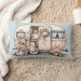 Boho Camper with Floral Wreath & Pastels Pink Lumbar Pillow