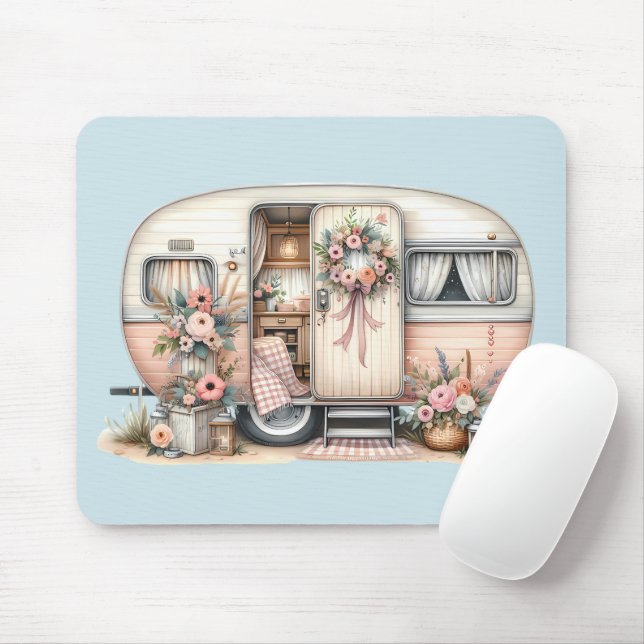 Boho Camper with Floral Wreath & Pastels Pink Mouse Pad (With Mouse)