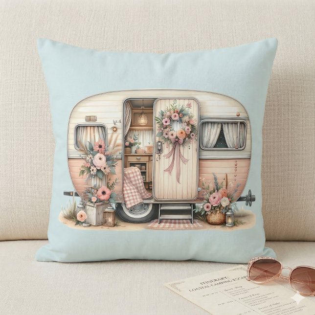 Boho Camper with Floral Wreath & Pastels Pink Throw Pillow (Boho Camper with Floral Wreath & Pastels Pink Throw Pillow On Sofa)