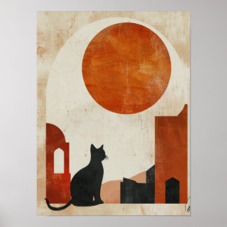 Boho Cat Silhouette | Abstract Sun Minimalist Deco Poster