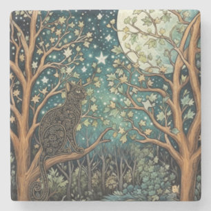 Boho cat starry night sky woodland forest stone coaster