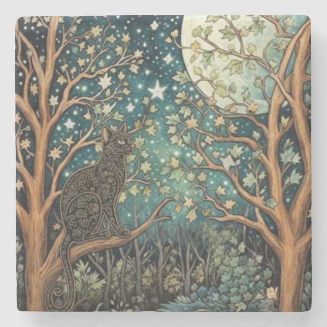 Boho cat starry night sky woodland forest stone coaster (Front)