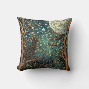Boho cat starry night sky woodland forest throw pillow