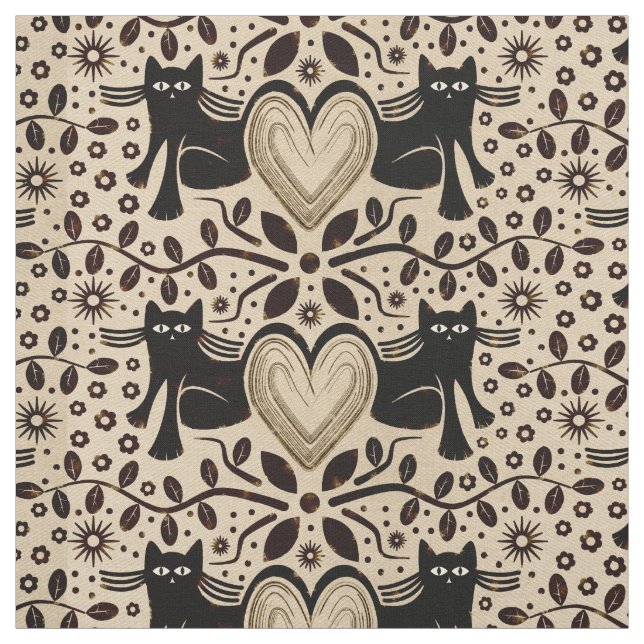 Boho Cats and Hearts in Earth Tones Fabric (Swatch)
