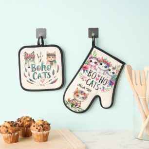 BOHO Cats Retirement Mom Grandma Wife Custom  Oven Mitt & Pot Holder Set