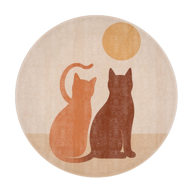 Boho Cats Sunset Desert Round Cutting Board (Front)