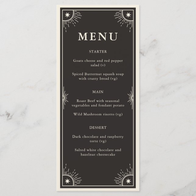 Boho céleste Tarot Stars Menu mariage dîner (Devant)