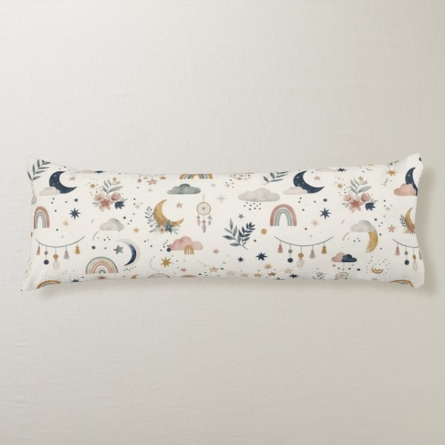 Boho Celestial Body Pillow | Neutral Moon and Star (Front)