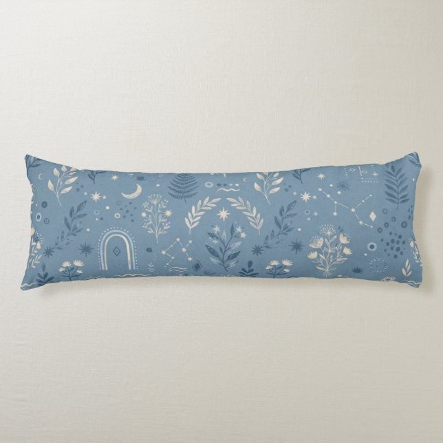 Boho Celestial Botanical Dusty Blue Bedding Body Pillow (Front)