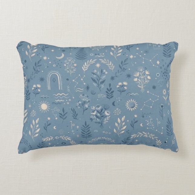 Boho Celestial Botanical Dusty Blue Cozy Accent Pillow (Front)