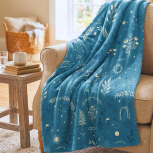 Boho Celestial Botanical Dusty Blue Cozy Throw Fleece Blanket