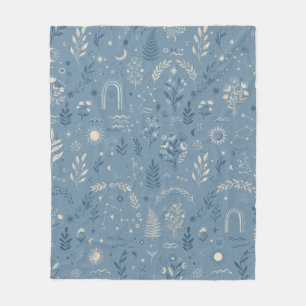 Boho Celestial Botanical Dusty Blue Cozy Throw Fleece Blanket