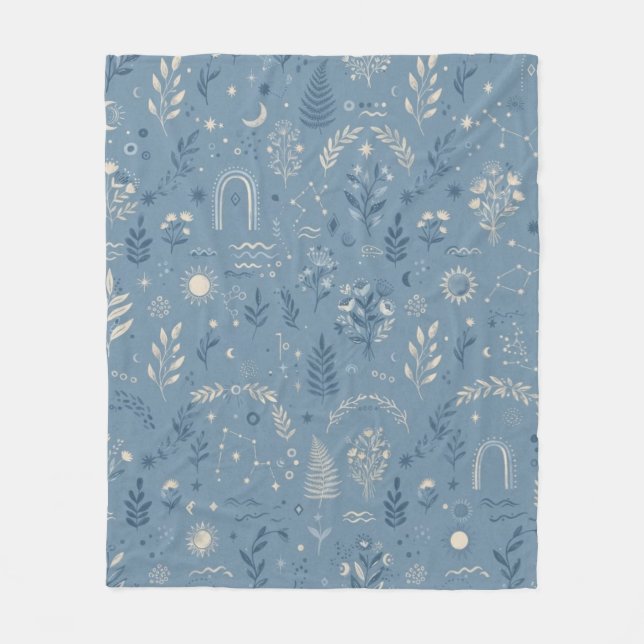 Boho Celestial Botanical Dusty Blue Cozy Throw Fleece Blanket (Front)