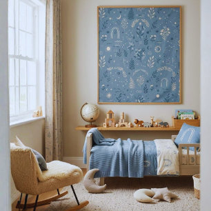 Boho Celestial Botanical Dusty Blue Wall Hanging Tapestry