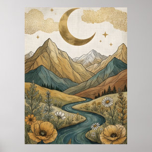 Boho Celestial Crescent Moon Mountain River Poster